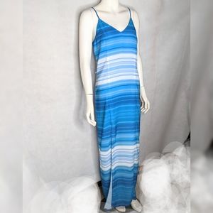Blue And White Strped Maxi Dress Sexy High Slit